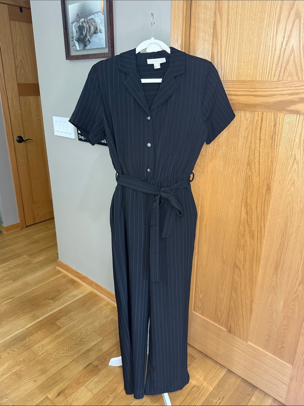 Monteau Black Pinstripe Short-Sleeve Jumpsuit with Self-Tie Belt